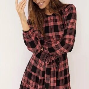 Anthropologie Cloth & Stone Plaid Pink and Black Women's Boho Mini Dress XS